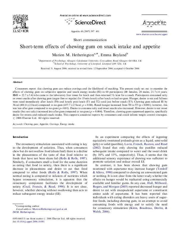 (PDF) Shortterm effects of chewing gum on snack intake and appetite