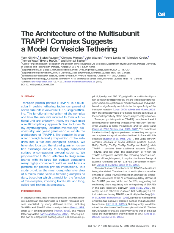 (PDF) The Architecture of the Multisubunit TRAPP I Complex Suggests a ...