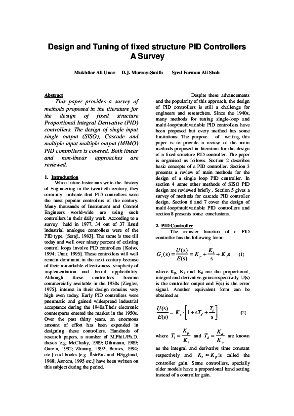 (PDF) Design and tuning of fixed structure PID controller-A survey
