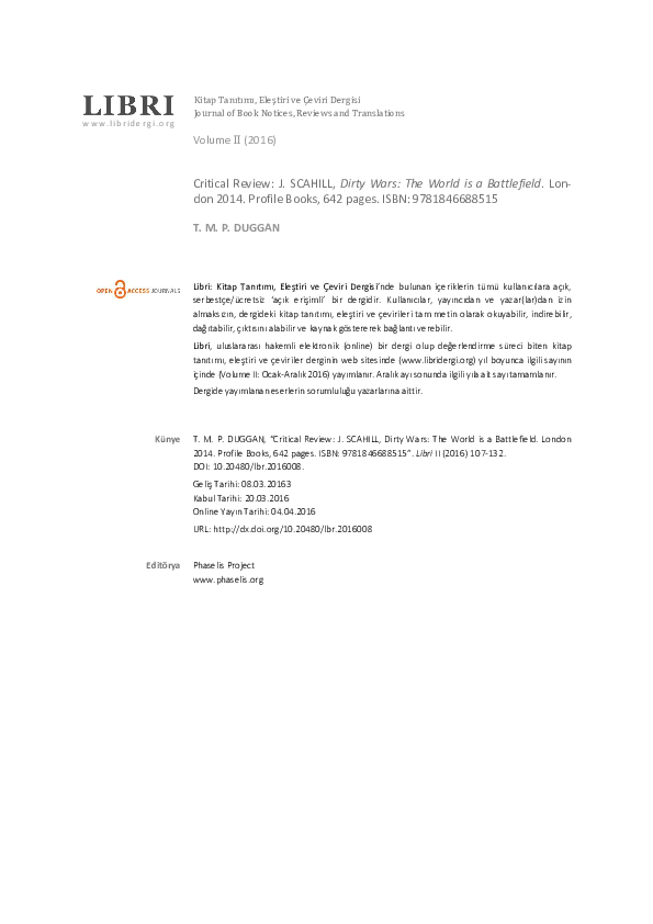 Critical Review: J. SCAHILL, Dirty Wars: The World is a Battlefield. London 2014. Profile Books, 642 pages. ISBN: 9781846688515