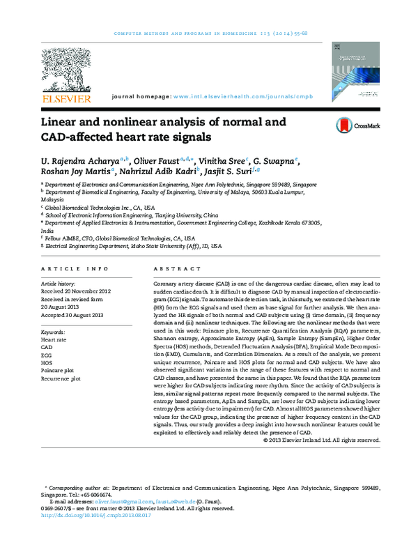 (PDF) Linear and nonlinear analysis of normal and CAD-affected heart ...