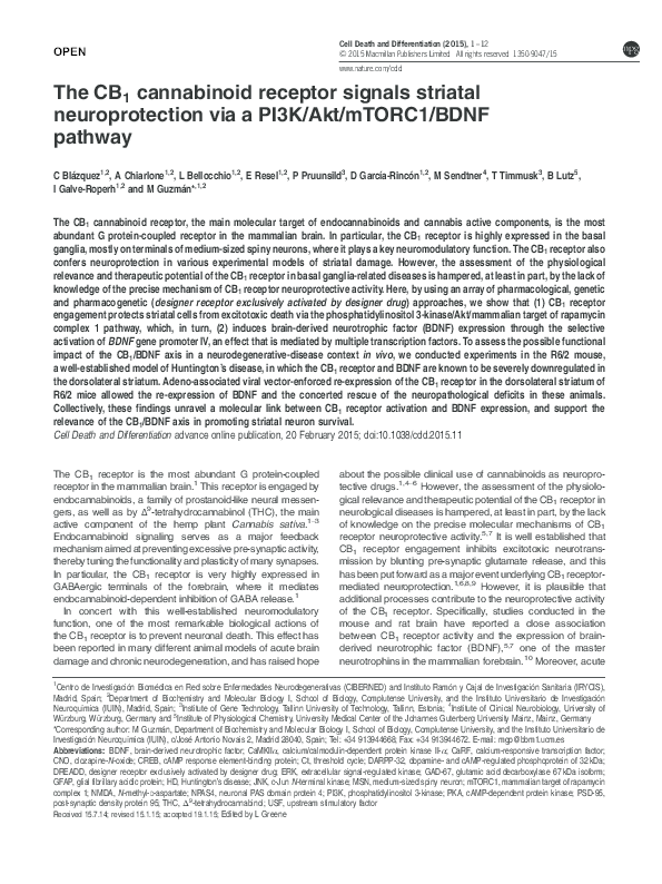 (PDF) The CB1 cannabinoid receptor signals striatal neuroprotection via ...