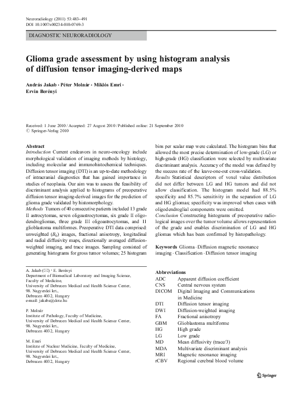 (PDF) Glioma grade assessment by using histogram analysis of diffusion ...