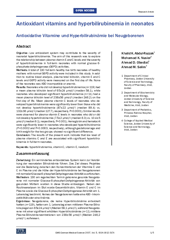 (PDF) Antioxidant vitamins and hyperbilirubinemia in neonates K