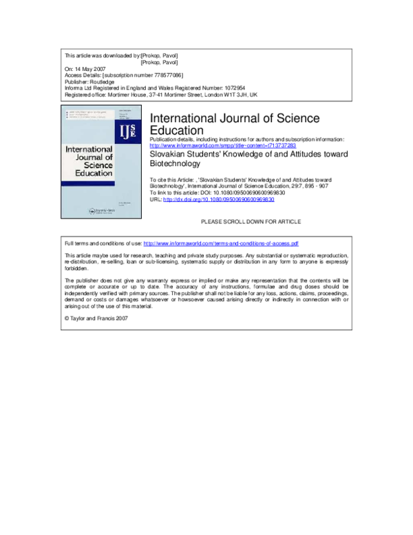 (PDF) Slovakian Students' Knowledge of and Attitudes toward Biotechnology