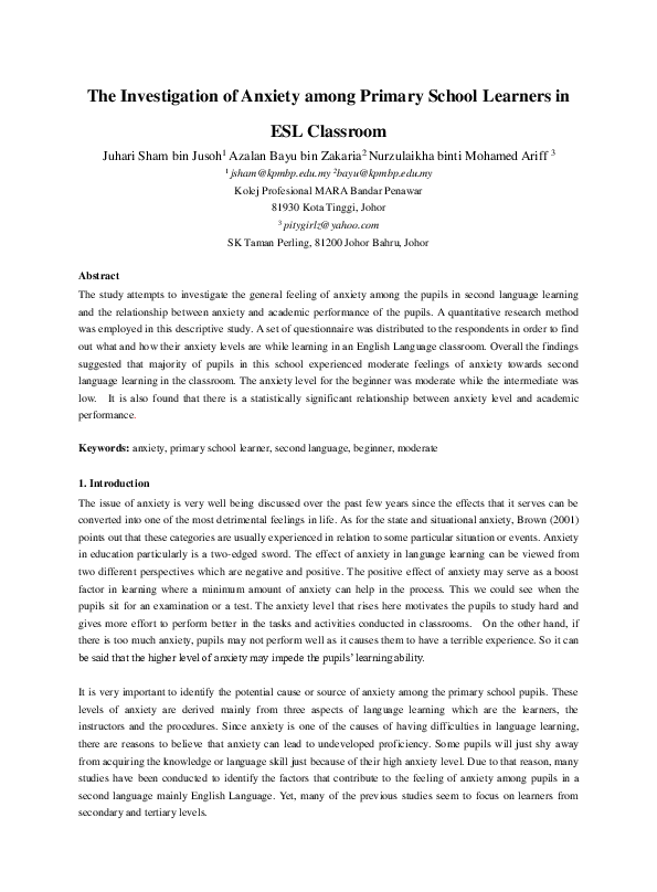 (PDF) The Investigation of Anxiety among Primary School Learners in ESL ...