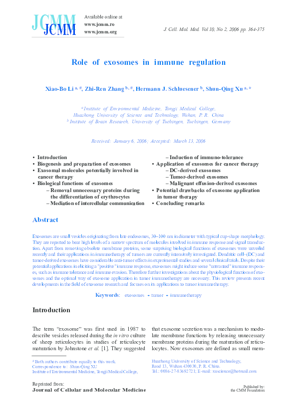 (PDF) Role of exosomes in immune regulation