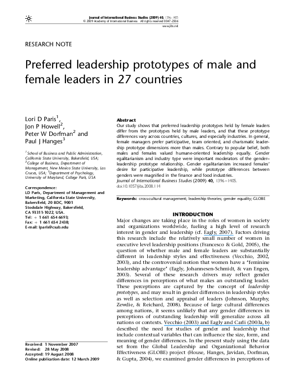 (PDF) Preferred leadership prototypes of male and female leaders in 27 ...