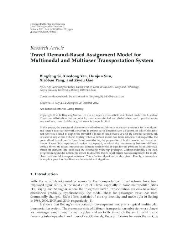 (PDF) Travel Demand-Based Assignment Model for Multimodal and Multiuser ...