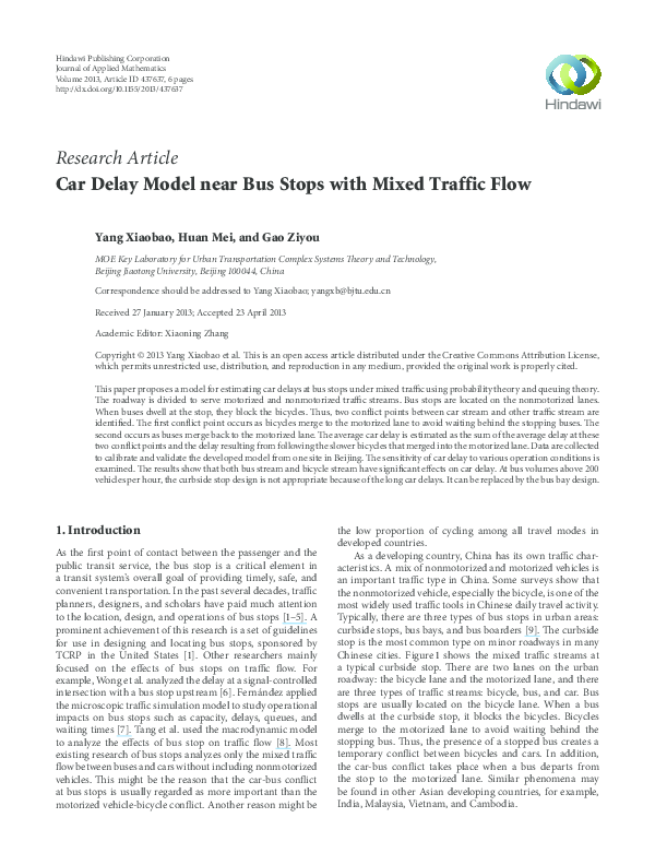 (PDF) Car Delay Model near Bus Stops with Mixed Traffic Flow