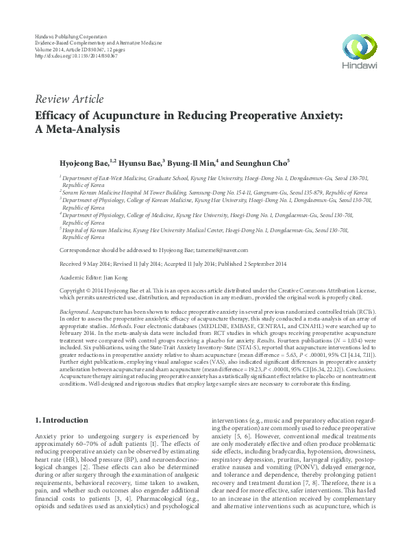 (PDF) Efficacy of Acupuncture in Reducing Preoperative Anxiety: A Meta ...