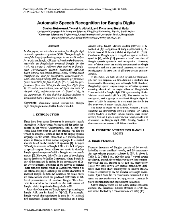 (PDF) Automatic speech recognition for Bangla digits