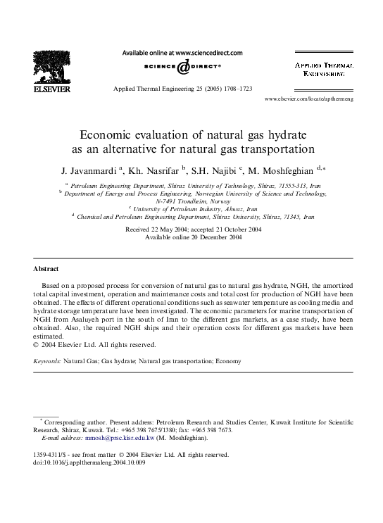 (PDF) Economic evaluation of natural gas hydrate as an alternative for ...