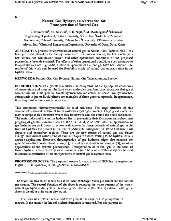 (PDF) Natural gas hydrate, an alternative for transportation of natural gas