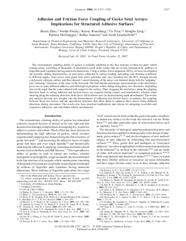 (PDF) Adhesion and Friction Force Coupling of Gecko Setal Arrays ...