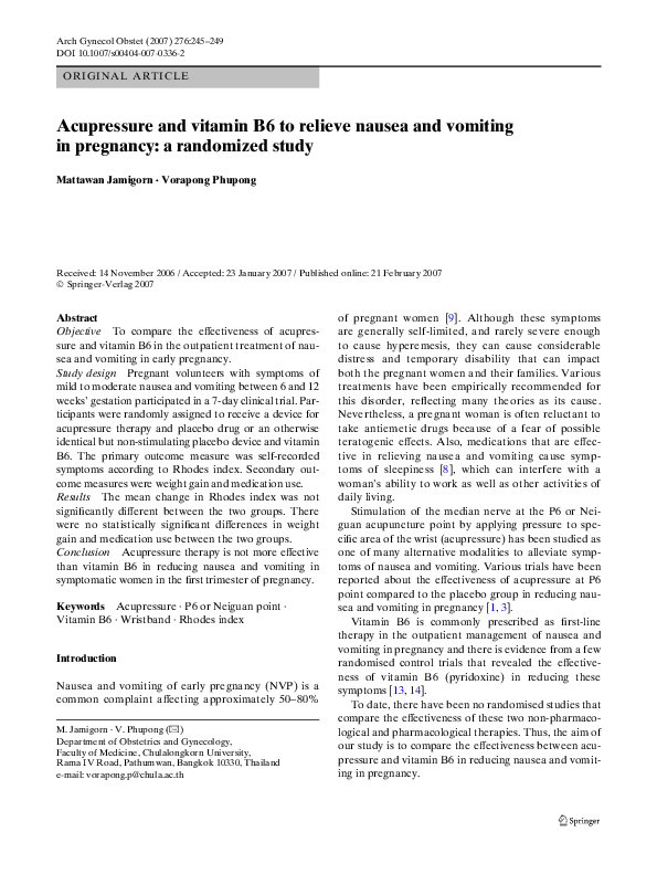 (PDF) Acupressure and vitamin B6 to relieve nausea and vomiting in