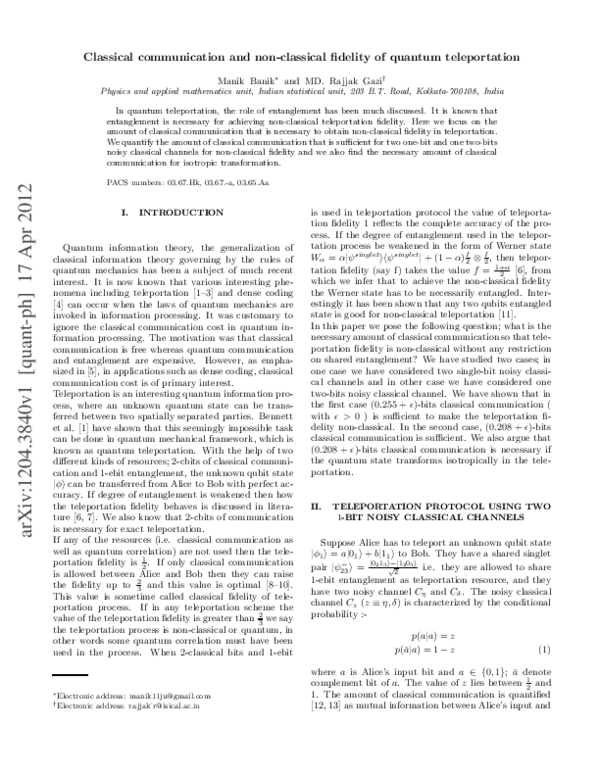 (PDF) Classical communication and non-classical fidelity of quantum ...