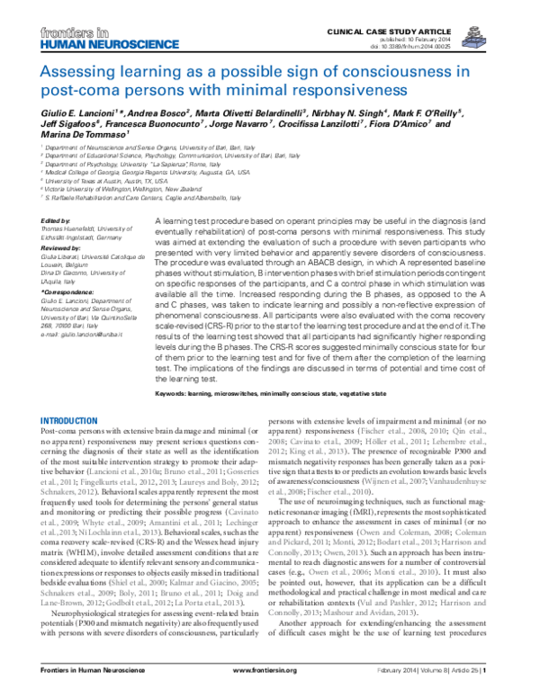 (PDF) Assessing learning as a possible sign of consciousness in post ...