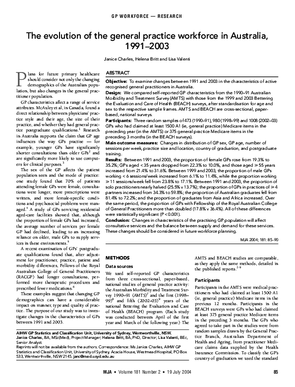 (PDF) The evolution of the general practice workforce in Australia ...
