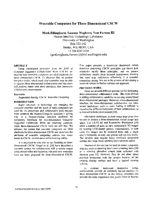 (PDF) Wearable Computers for Three Dimensional CSCW Mark Billinghurst