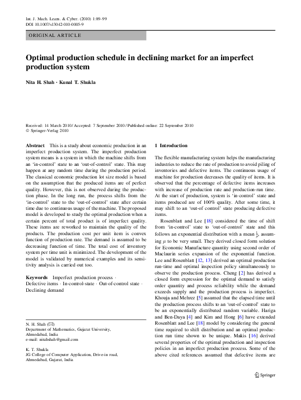 (PDF) Optimal production schedule in declining market for an imperfect ...