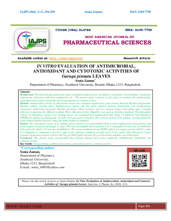 (PDF) IN VITRO EVALUATION OF ANTIMICROBIAL, ANTIOXIDANT AND CYTOTOXIC ...