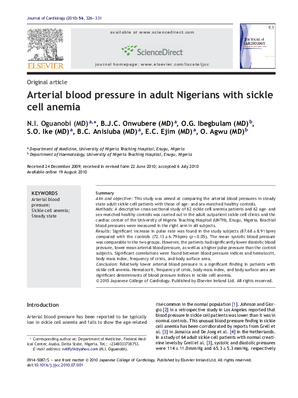 (PDF) Arterial blood pressure in adult Nigerians with sickle cell anemia