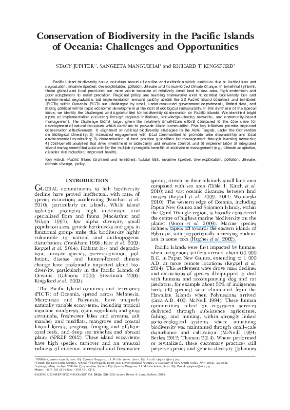 Conservation of biodiversity in the Pacific Islands of Oceania: challenges and opportunities