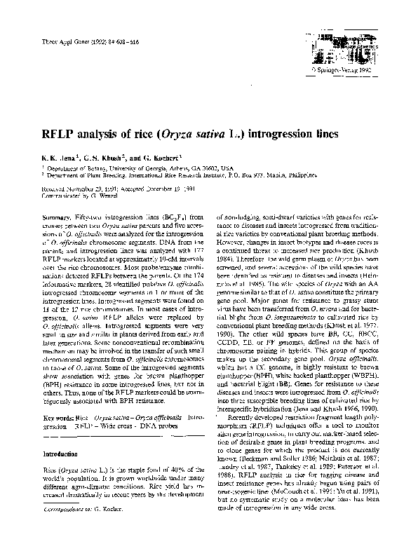 (PDF) RFLP analysis of rice (Oryza sativa L.) introgression lines