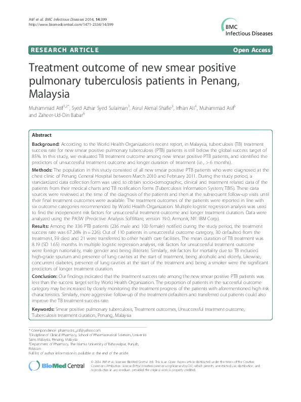 (PDF) Treatment outcome of new smear positive pulmonary tuberculosis ...