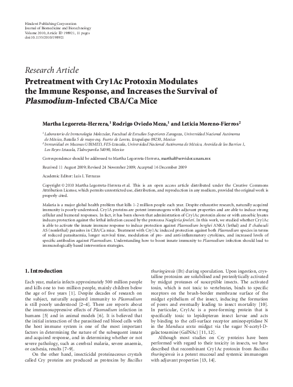 (PDF) Pretreatment with Cry1Ac Protoxin Modulates the Immune Response ...