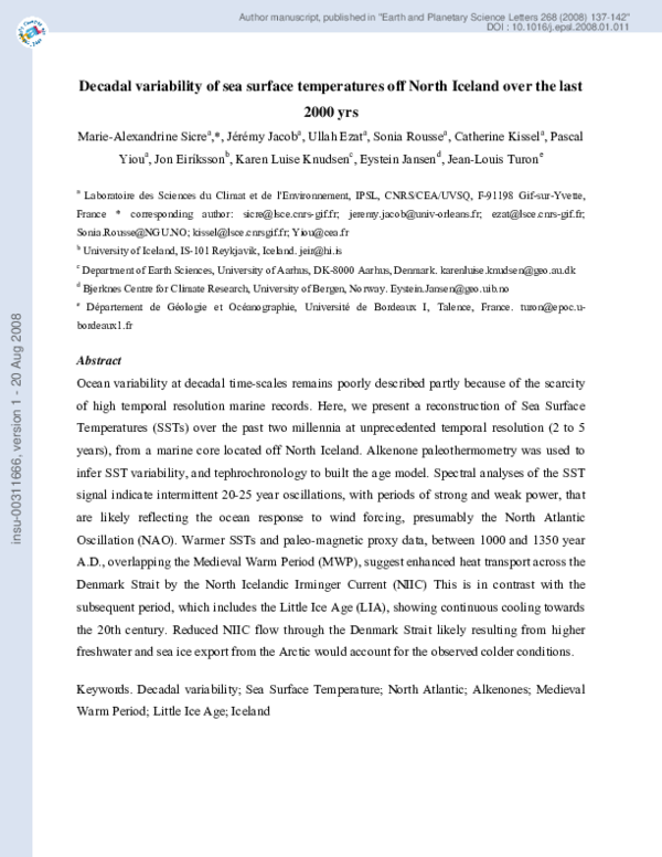 Decadal variability of sea surface temperatures off North Iceland over the last 2000 yrs