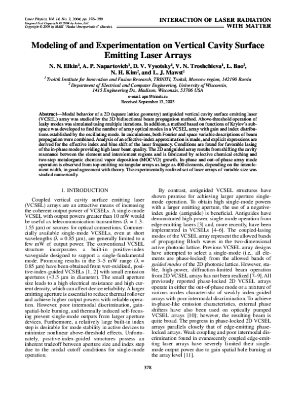 (PDF) Modeling of and Experimentation on Vertical Cavity Surface ...