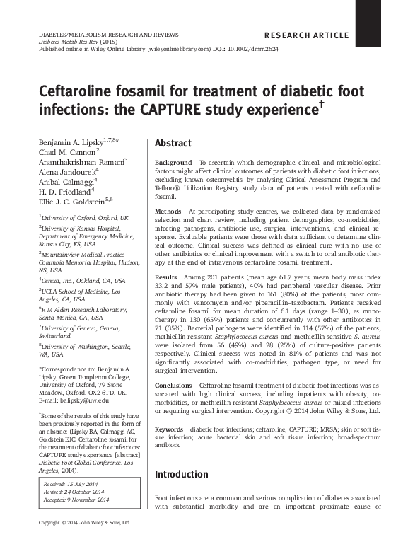 (PDF) Ceftaroline fosamil for treatment of diabetic foot infections