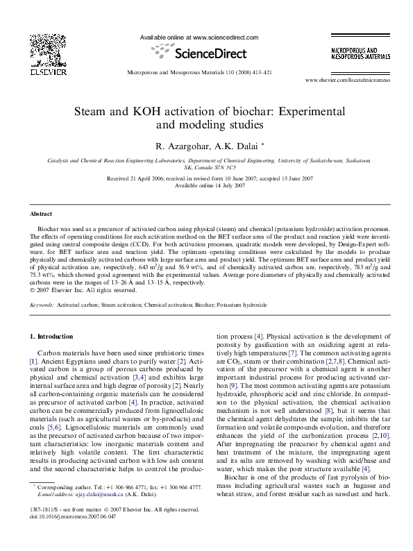 (PDF) Steam and KOH activation of biochar: Experimental and modeling