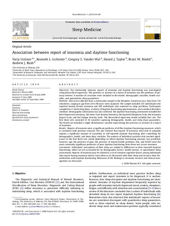 (PDF) Association between report of insomnia and daytime functioning