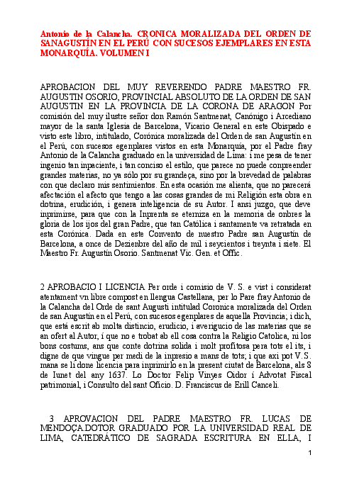 (DOC) Antonio de la Calancha. CRONICA MORALIZADA DEL ORDEN DE