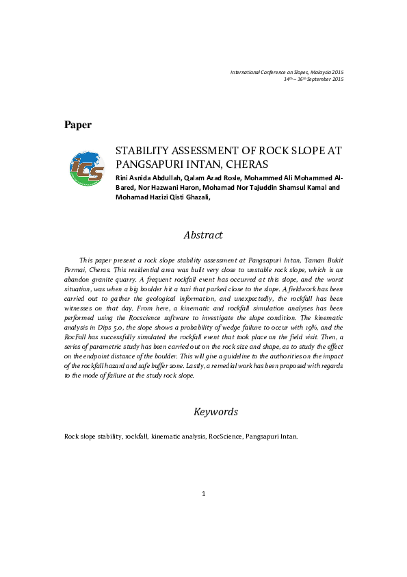 (PDF) Stability Assessment of Rock Slope at Pangsapuri Intan, Cheras