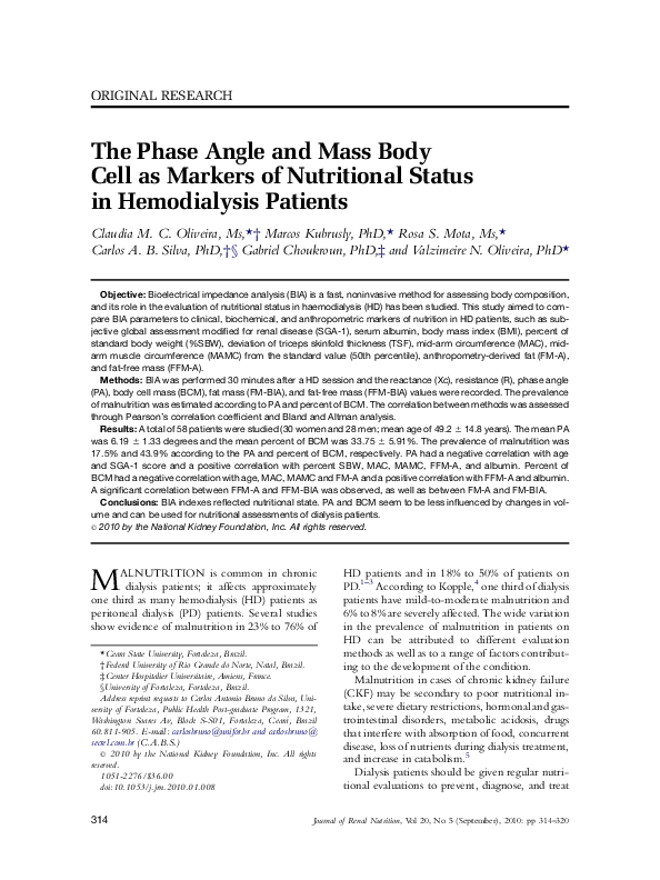 (PDF) The Phase Angle and Mass Body Cell as Markers of Nutritional