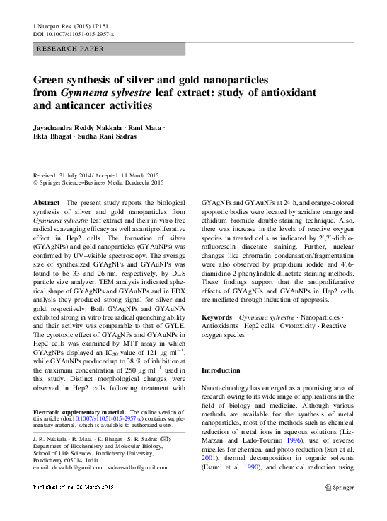 (PDF) Green synthesis of silver and gold nanoparticles from Gymnema ...
