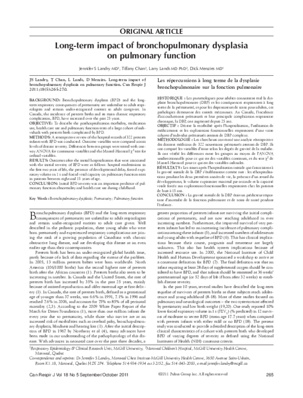  PDF Long term Impact Of Bronchopulmonary Dysplasia On Pulmonary