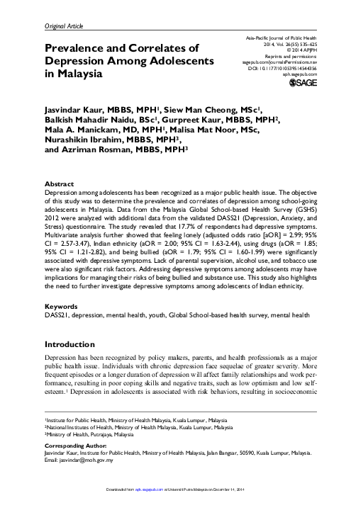 (PDF) Prevalence and Correlates of Depression Among Adolescents in Malaysia