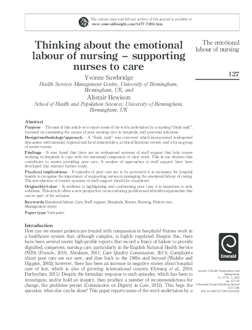 (PDF) Thinking about the emotional labour of nursing – supporting ...