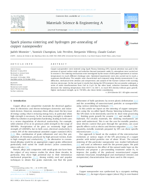 (PDF) Spark plasma sintering and hydrogen pre-annealing of copper ...