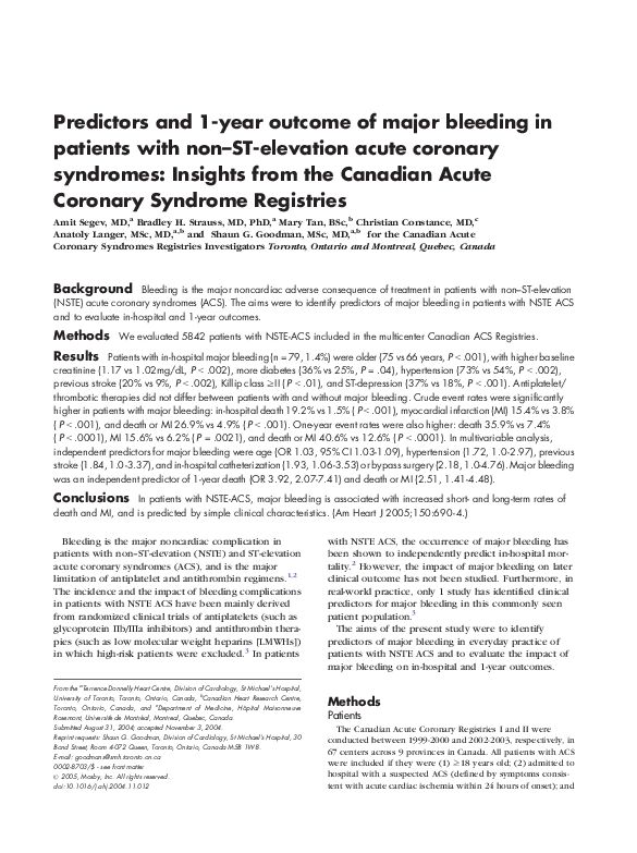 (PDF) Predictors and 1-year outcome of major bleeding in patients with ...