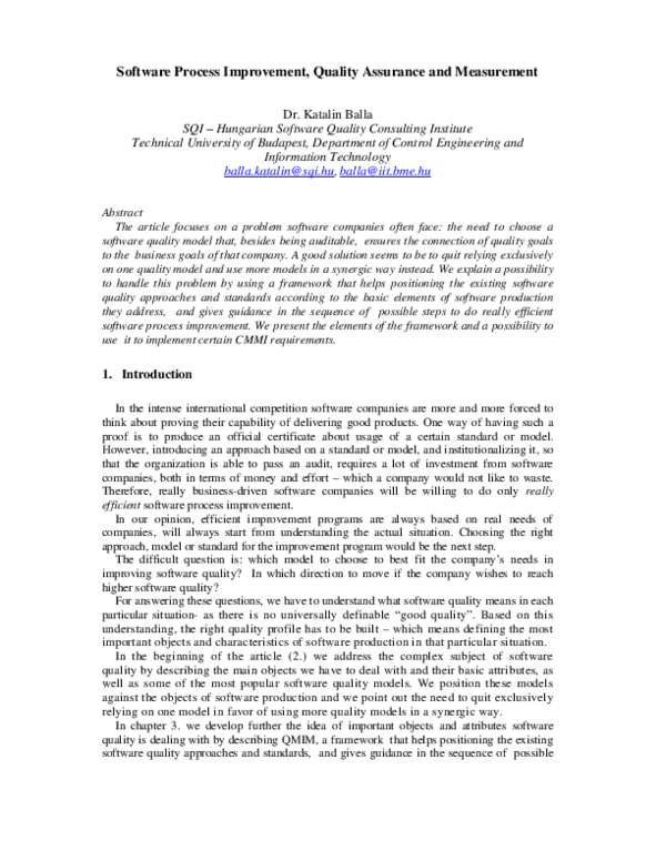 (PDF) Software Process Improvement, Quality Assurance and Measurement
