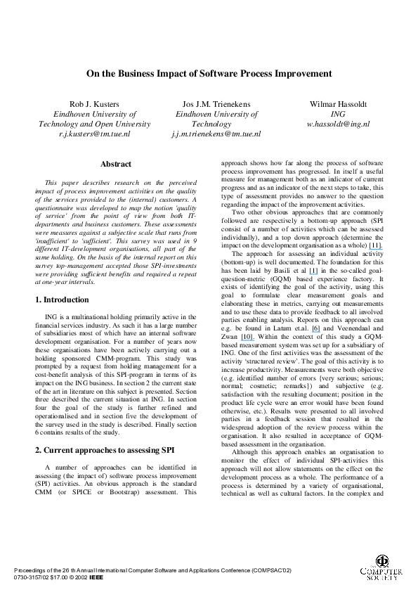 (PDF) On the business impact of software process improvement
