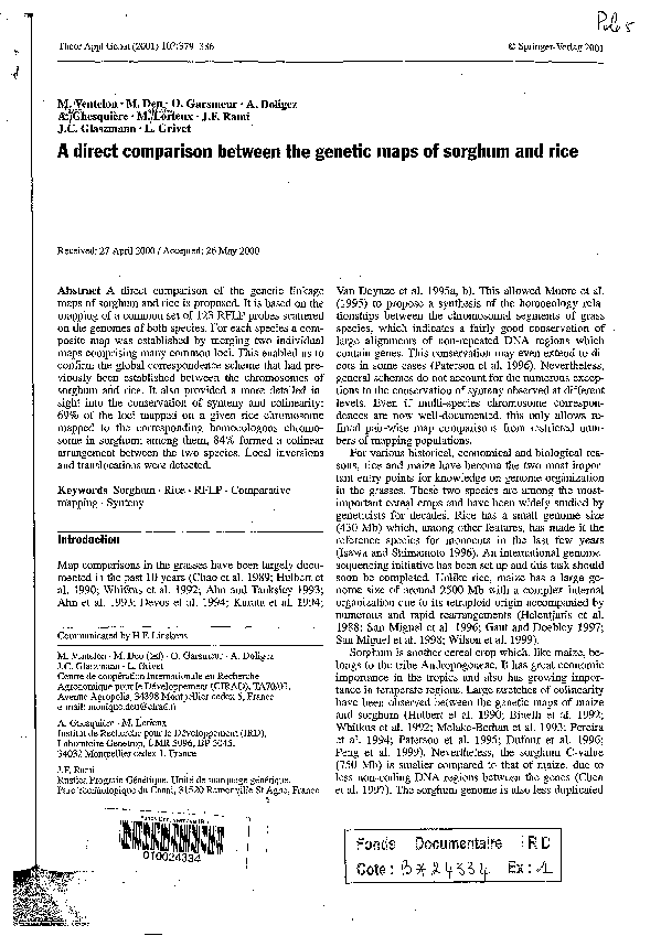 (PDF) A direct comparison between the genetic maps of sorghum and rice