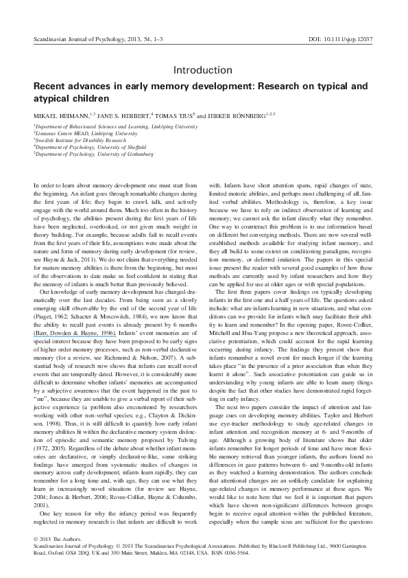 (PDF) Recent advances in early memory development: Research on typical ...