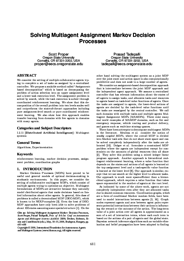 (PDF) Solving multiagent assignment Markov decision processes